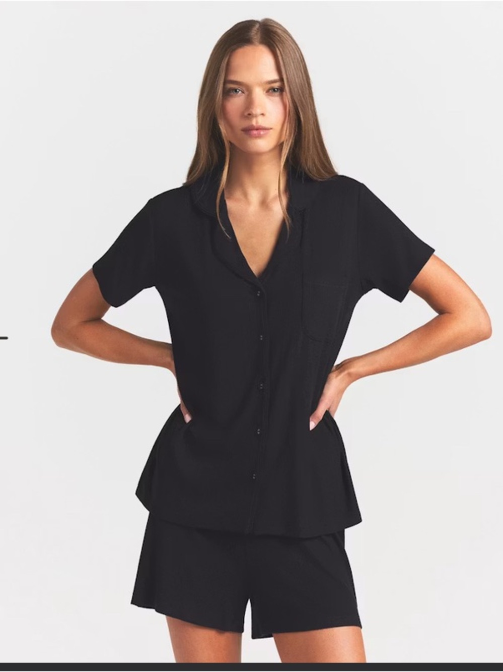 SKIMS NWT Buttery Soft Ribbed Relaxed Short-Sleeve Button-Up Top in Black